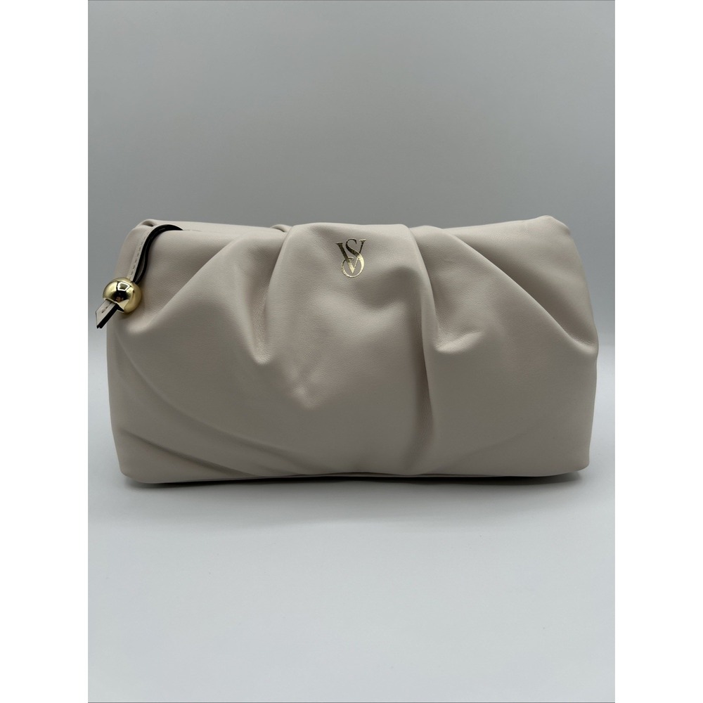 Victoria's Secret Cream Beige Ruched Cosmetic Bag Pouch Clutch Gold Hardware